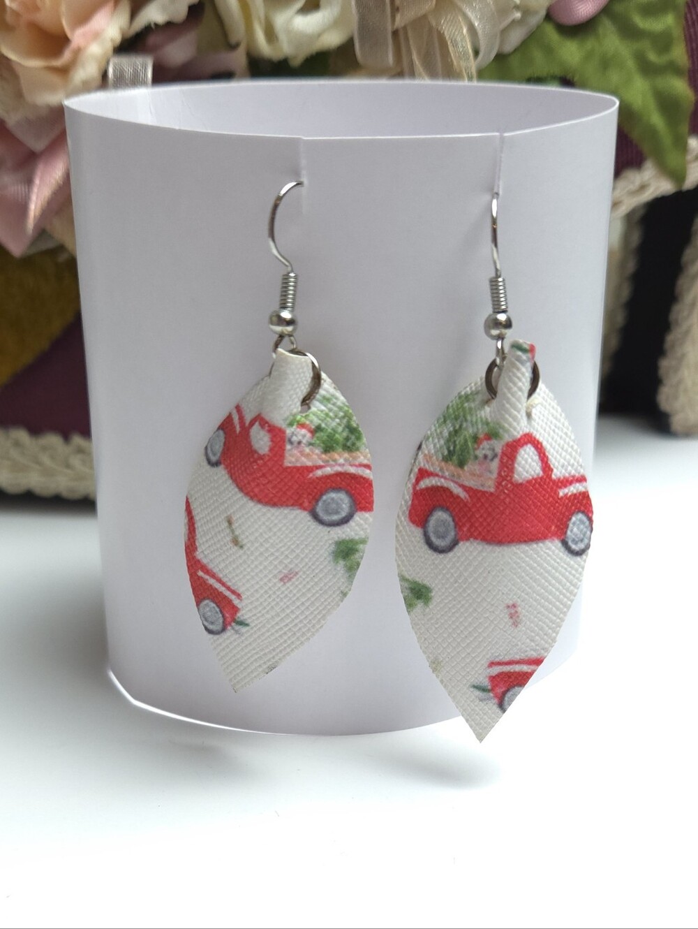 Vintage Style Red Pick Up Truck & Puppy Leather Dangle Earrings